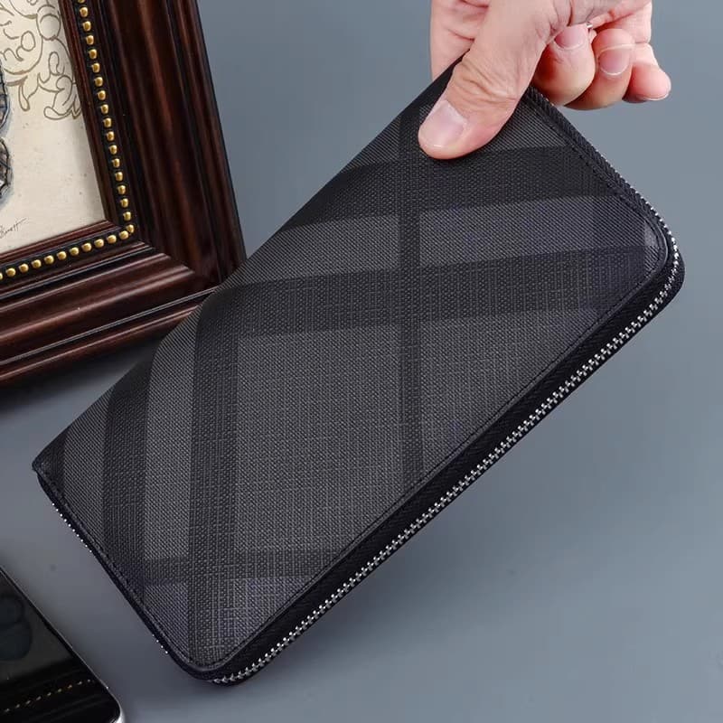 メンズ長財布 格子柄型押し薄型ラウンドファスナー長財布