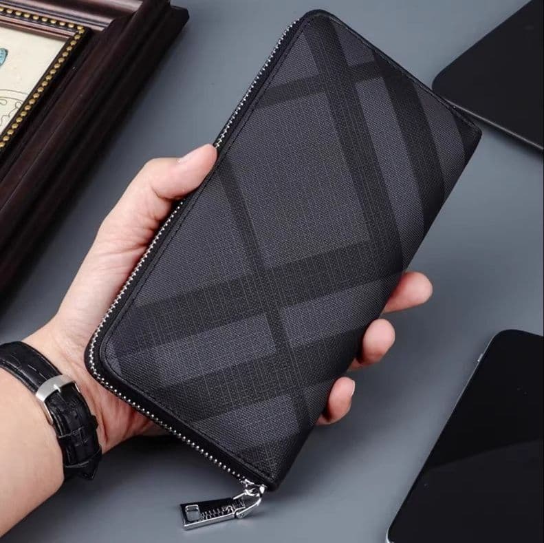 メンズ長財布 格子柄型押し薄型ラウンドファスナー長財布
