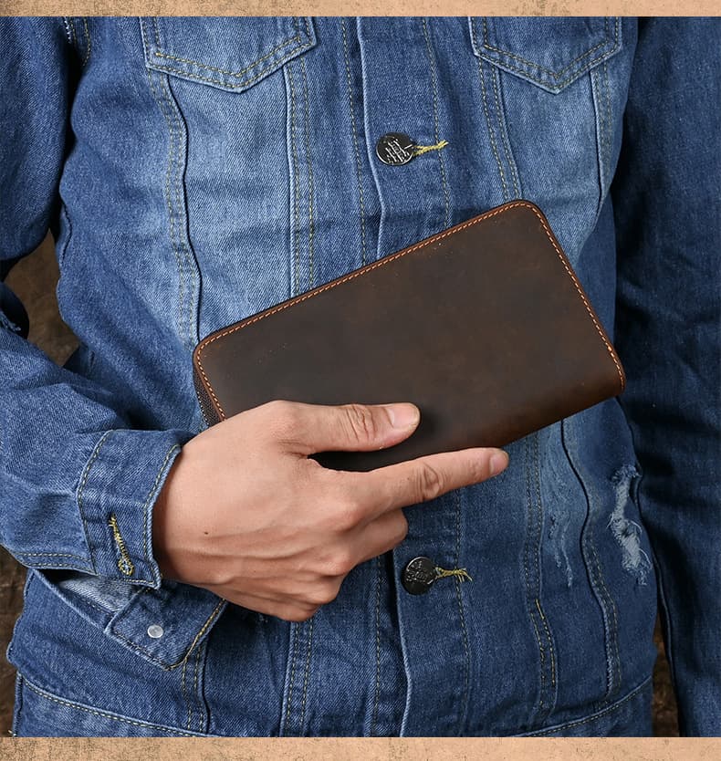 メンズ長財布 本革薄型ラウンドジッパー長財布