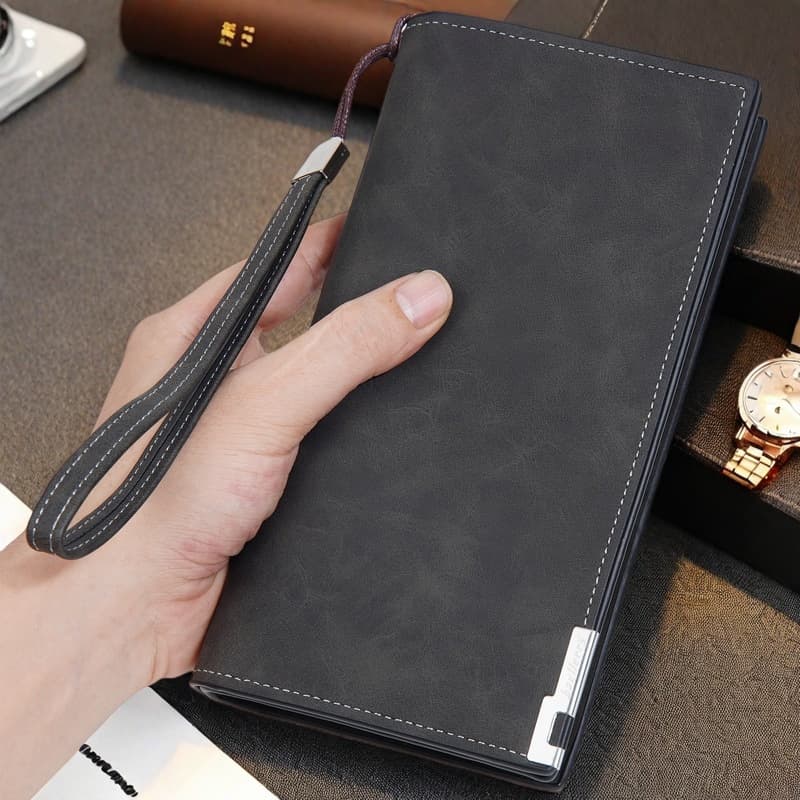 メンズ長財布 ストラップ付き薄型本革長財布