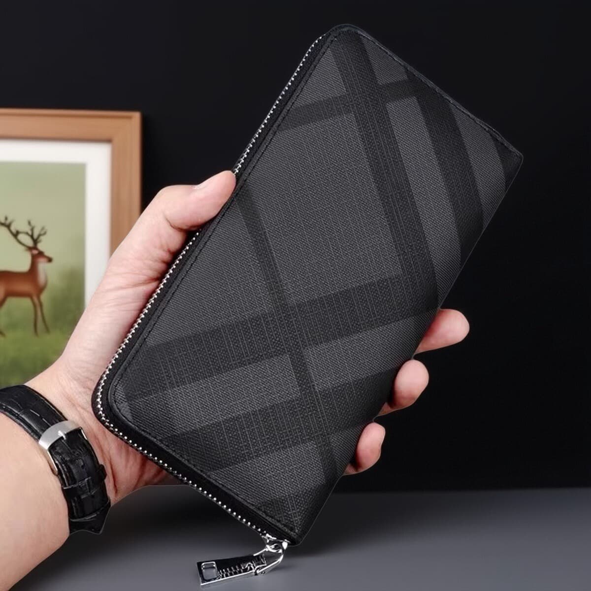 メンズ長財布 格子柄型押し薄型ラウンドファスナー長財布