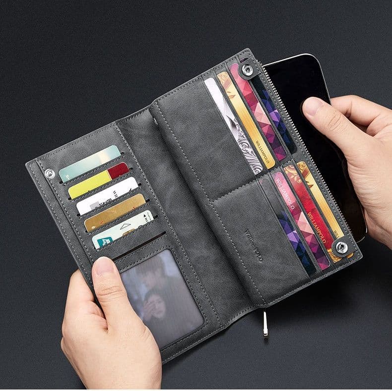 メンズ長財布 多機能ジップ式スマートフォン収納コンパクト長財布