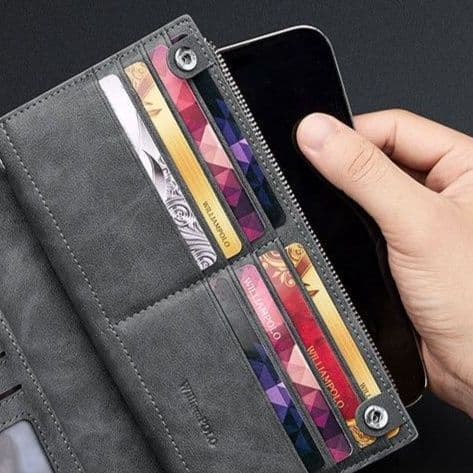 メンズ長財布 多機能ジップ式スマートフォン収納コンパクト長財布