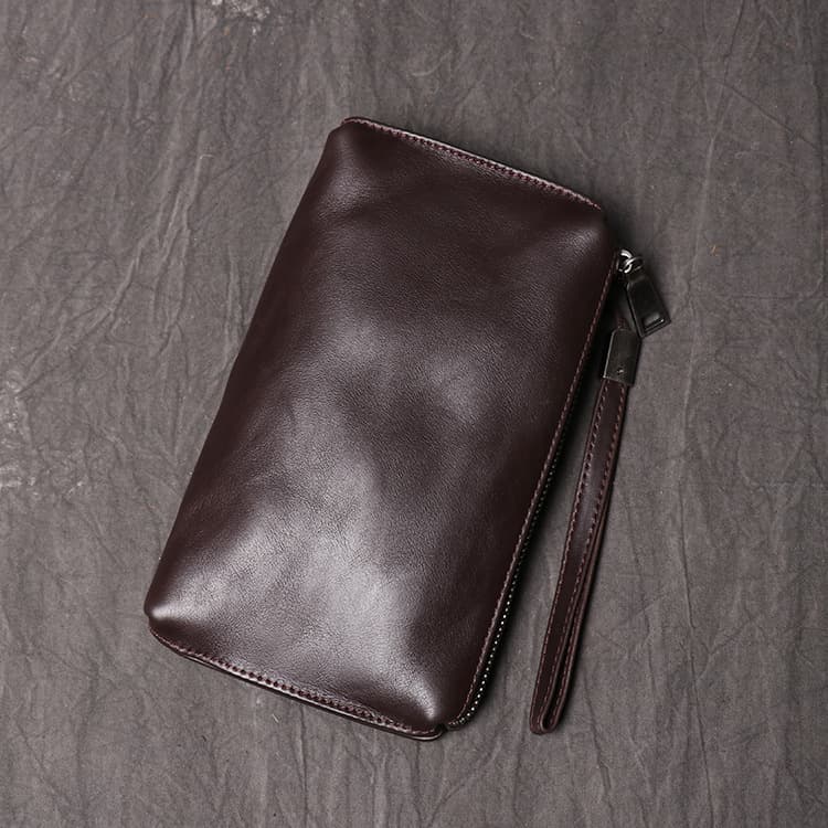 メンズ長財布 本革ジップ ストラップ付き財布