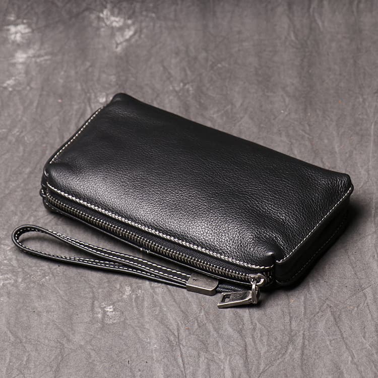 メンズ長財布 本革ジップ ストラップ付き財布