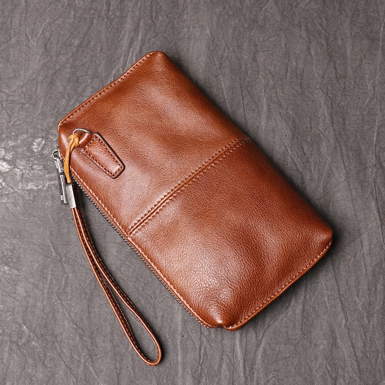 メンズ長財布 本革ジップ ストラップ付き財布