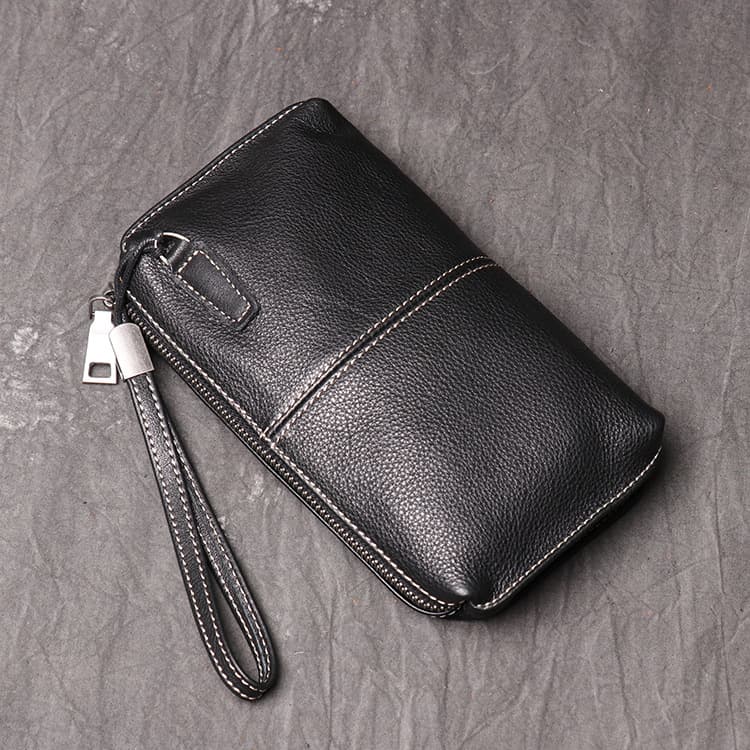 メンズ長財布 本革ジップ ストラップ付き財布